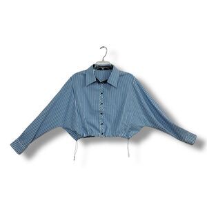 Emerson Lang Blue White Striped Cropped Button Up Drawstring Shirt Women Medium